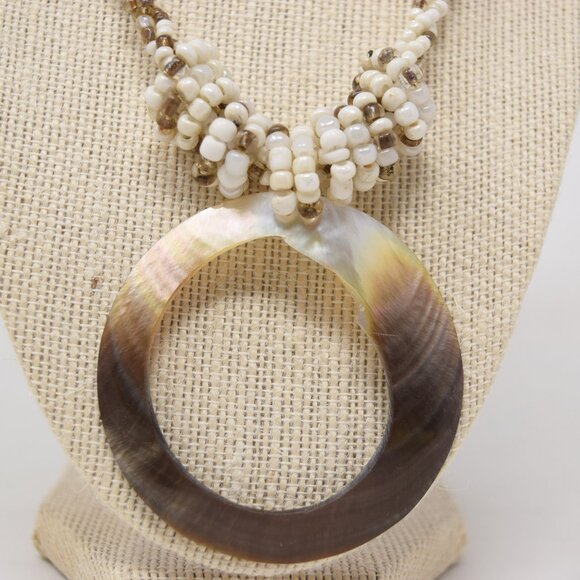 Handmade Shell Pendant Necklace Multi Strand Seed Beads Statement Beachy Mermaid - Picture 2 of 15